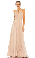 Champagne Shimmer Halter Evening Dress with Keyhole Neckline Pleated Bodice and Flowy Maxi Skirt for Elegant Occasions