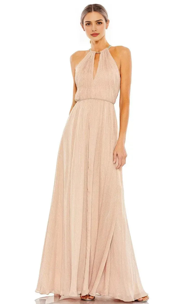 Champagne Shimmer Halter Evening Dress with Keyhole Neckline Pleated Bodice and Flowy Maxi Skirt for Elegant Occasions