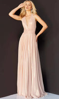 Champagne Shimmer Halter Neck Evening Dress with Deep V - Neck Pleated Bodice Waist Cinching Band High Slit Flowy Skirt
