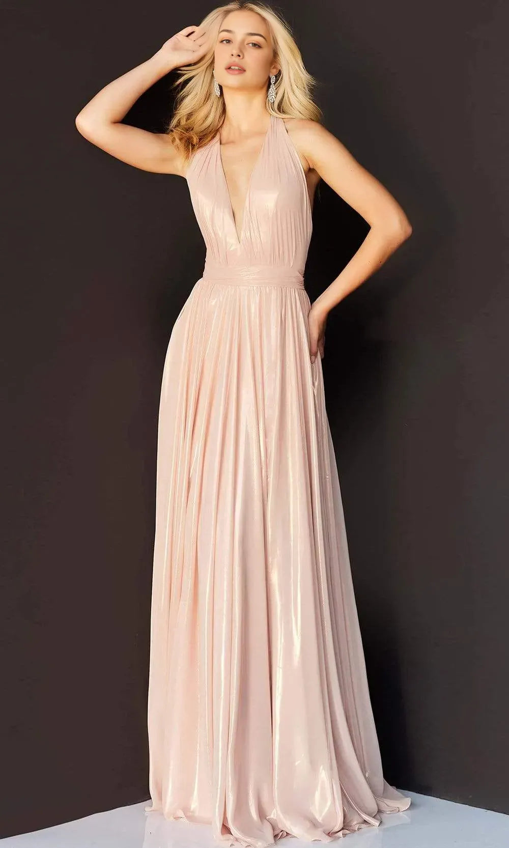 Champagne Shimmer Halter Neck Evening Dress with Deep V - Neck Pleated Bodice Waist Cinching Band High Slit Flowy Skirt