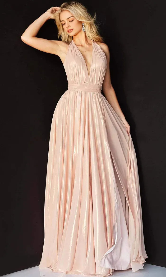 Champagne Shimmer Halter Neck Evening Dress with Deep V - Neck Pleated Bodice Waist Cinching Band High Slit Flowy Skirt