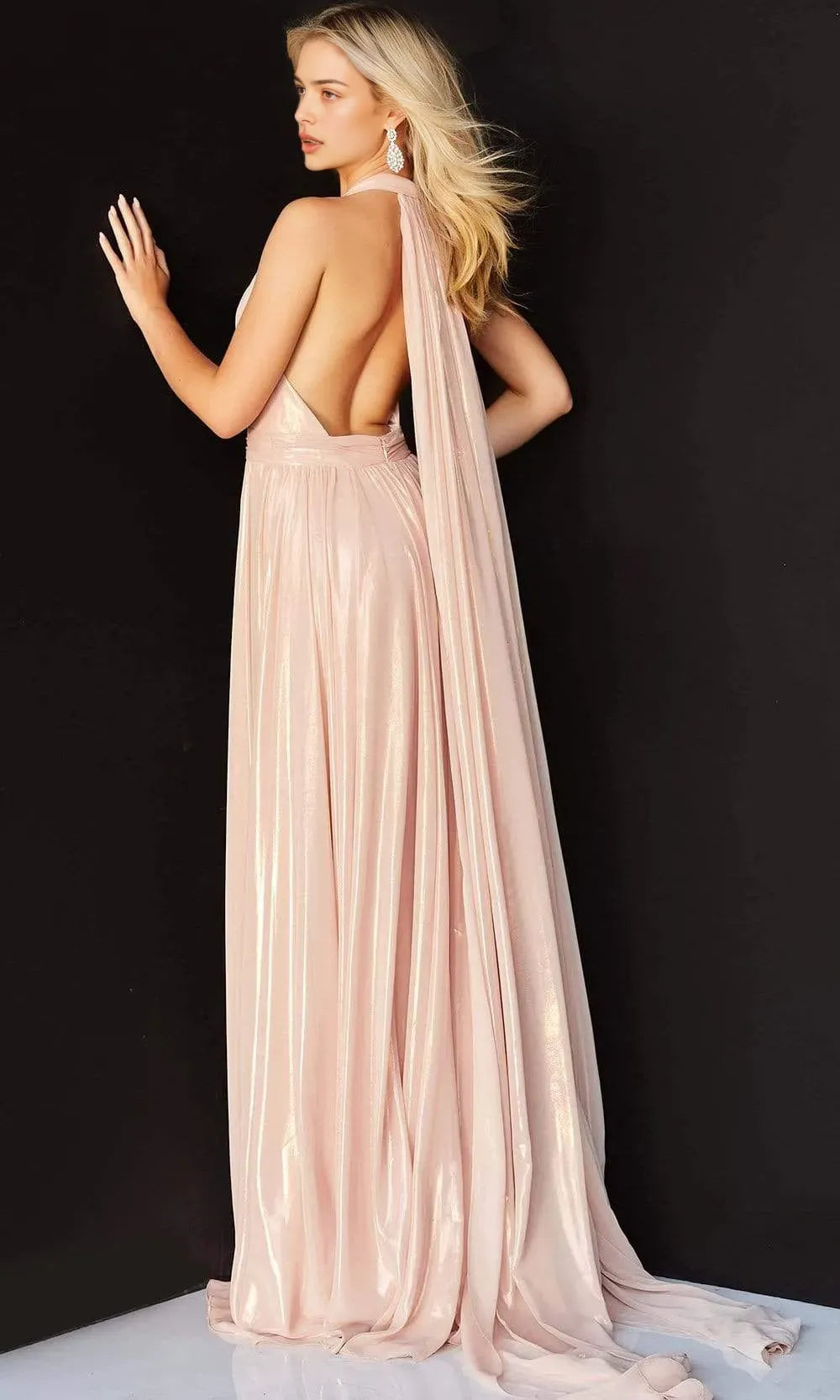 Champagne Shimmer Halter Neck Evening Dress with Deep V - Neck Pleated Bodice Waist Cinching Band High Slit Flowy Skirt