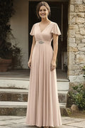 Champagne V-Neck A-Line Mother of the Bride Dress