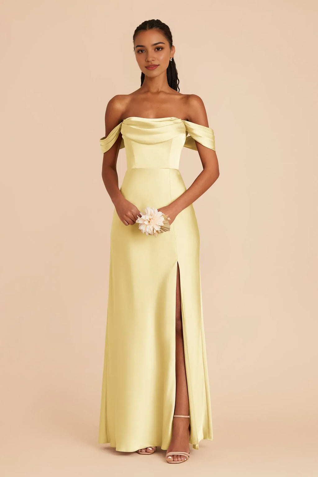 Champagne Yellow Off Shoulder Evening Dress | Formal Ball Gala Gown with Slit