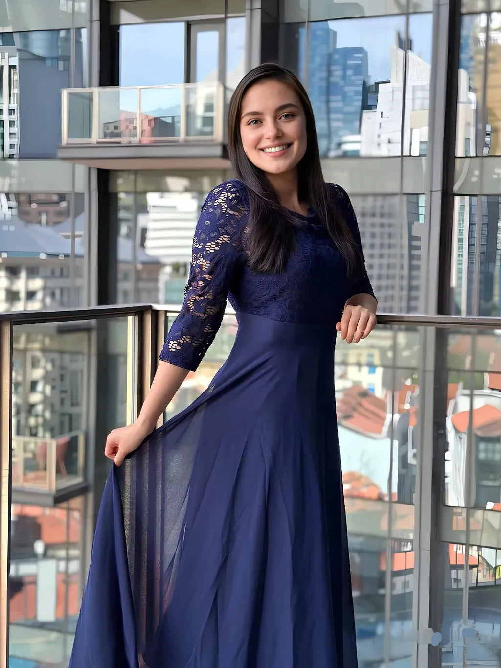Timeless Special Occasion Sophisticated Elegant Navy Blue Chiffon A-Line Tea-Length Evening Dress