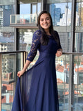 Timeless Special Occasion Sophisticated Elegant Navy Blue Chiffon A-Line Tea-Length Evening Dress