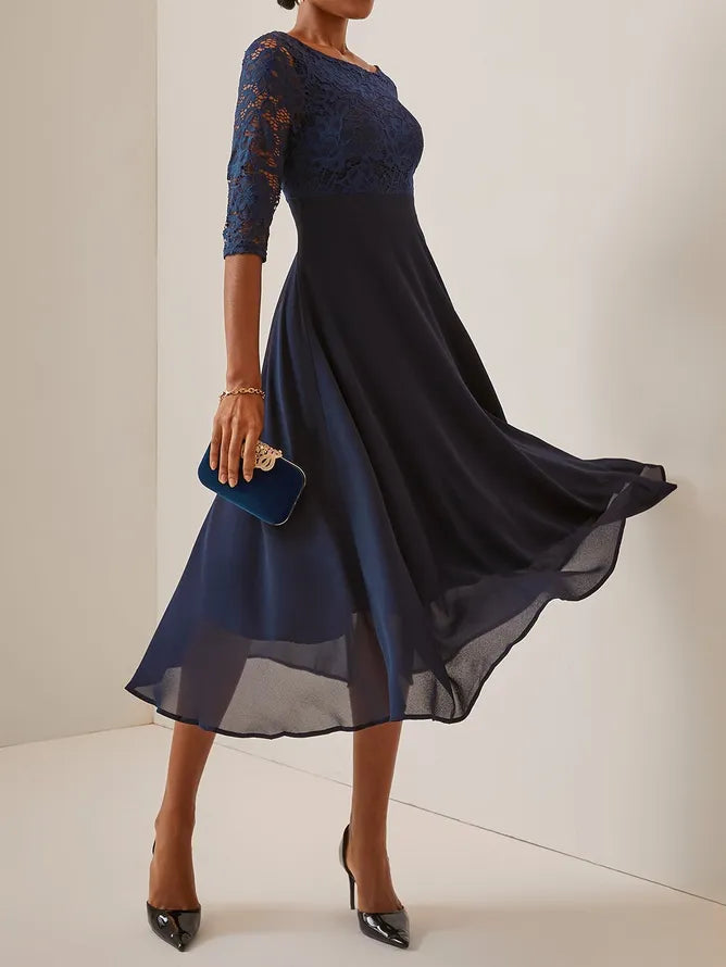 Timeless Special Occasion Sophisticated Elegant Navy Blue Chiffon A-Line Tea-Length Evening Dress