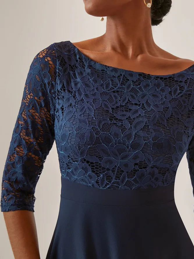 Timeless Special Occasion Sophisticated Elegant Navy Blue Chiffon A-Line Tea-Length Evening Dress