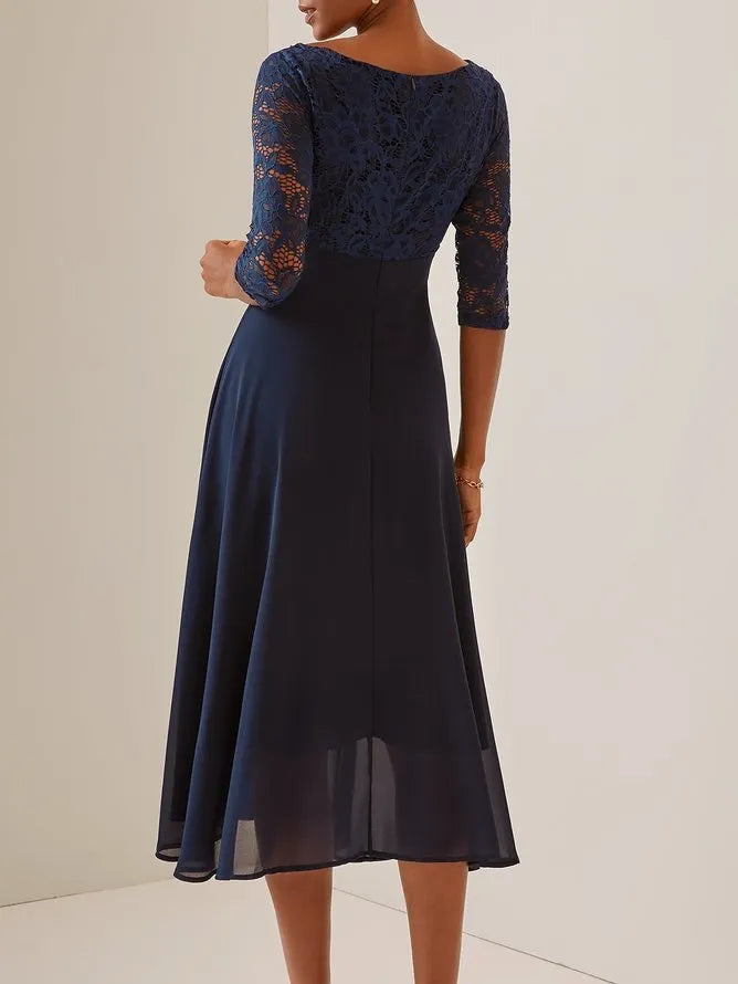 Timeless Special Occasion Sophisticated Elegant Navy Blue Chiffon A-Line Tea-Length Evening Dress