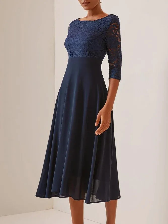 Timeless Special Occasion Sophisticated Elegant Navy Blue Chiffon A-Line Tea-Length Evening Dress
