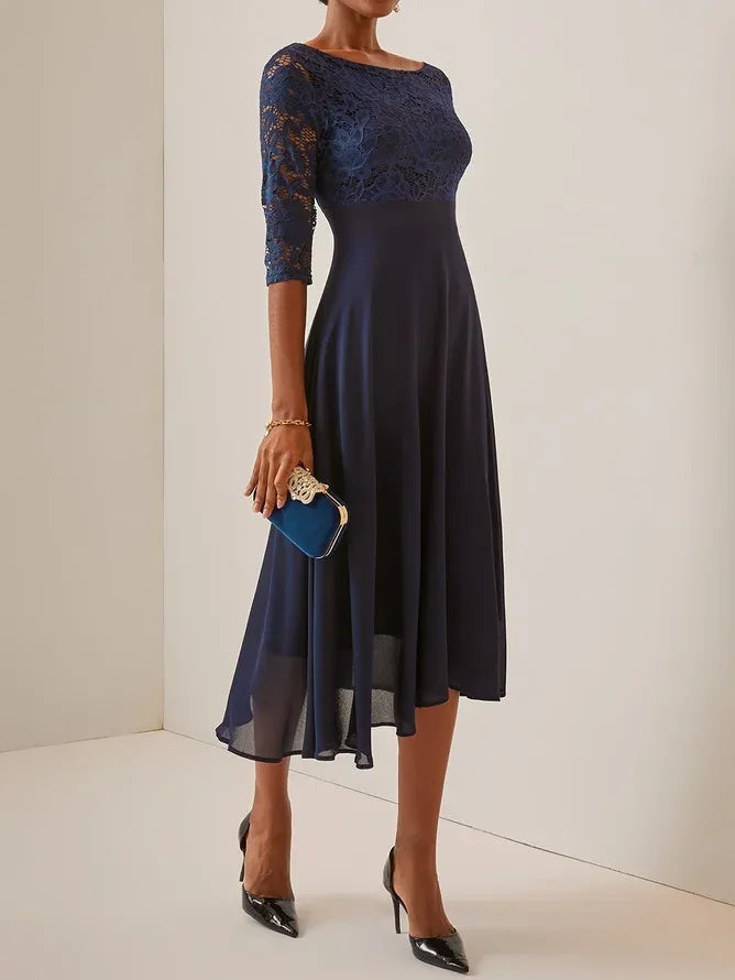 Timeless Special Occasion Sophisticated Elegant Navy Blue Chiffon A-Line Tea-Length Evening Dress