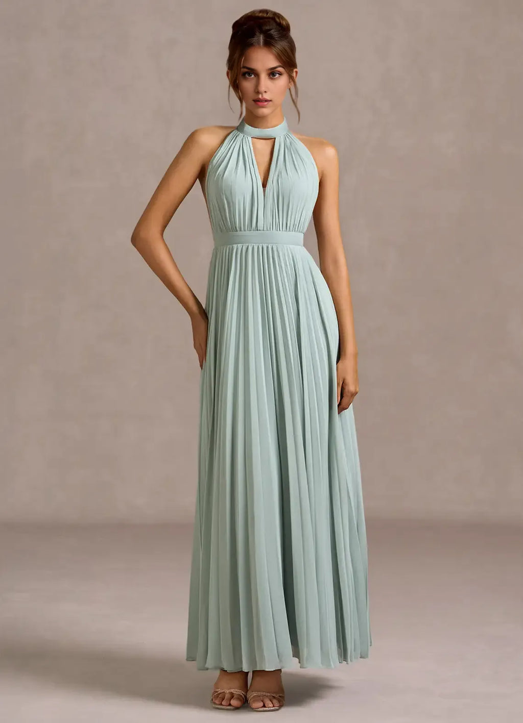 Refined Beautiful Timeless Elegant Sage Green A-Line Halter Sleeveless Floor-Length Evening Dress