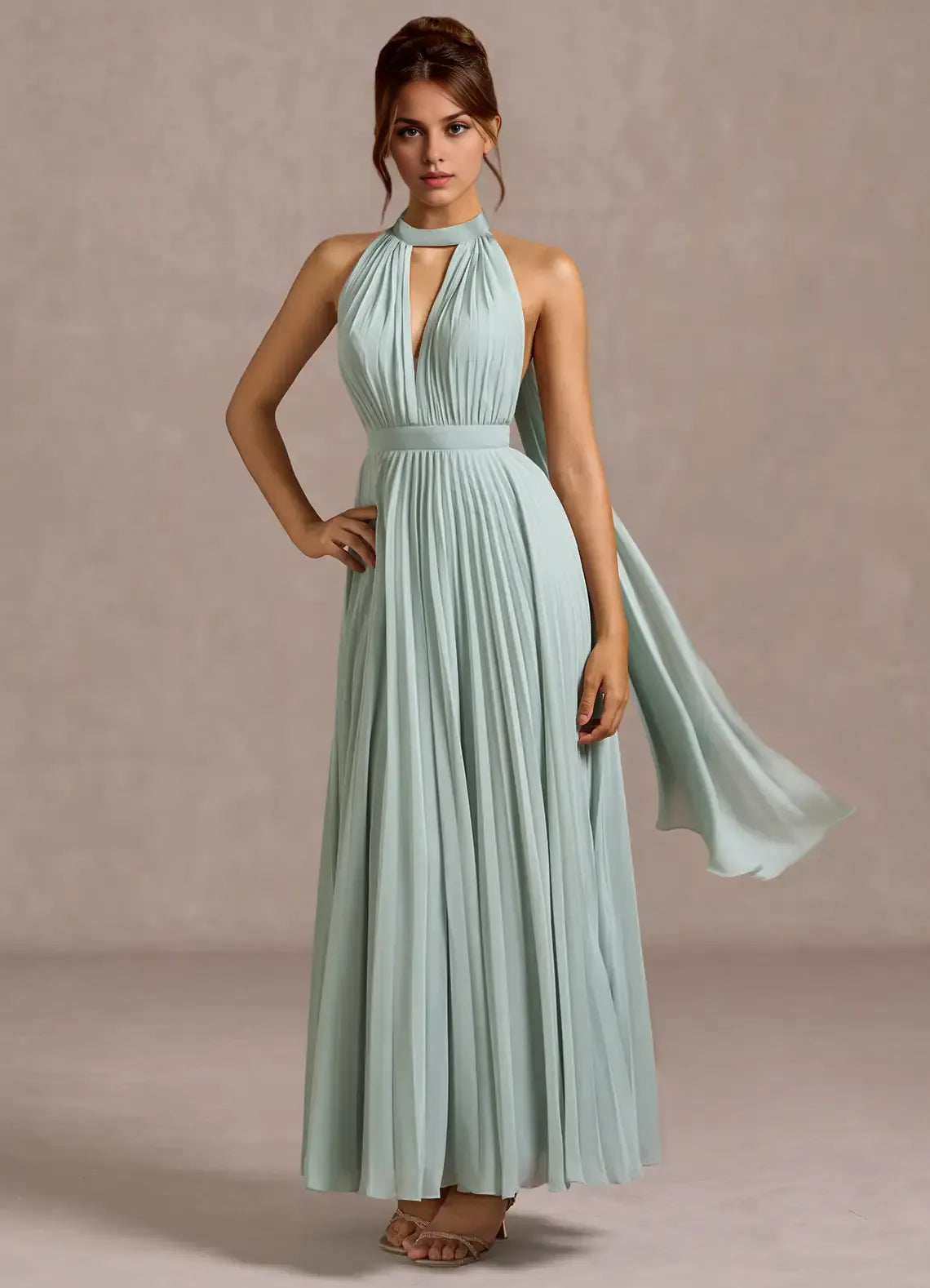 Refined Beautiful Timeless Elegant Sage Green A-Line Halter Sleeveless Floor-Length Evening Dress