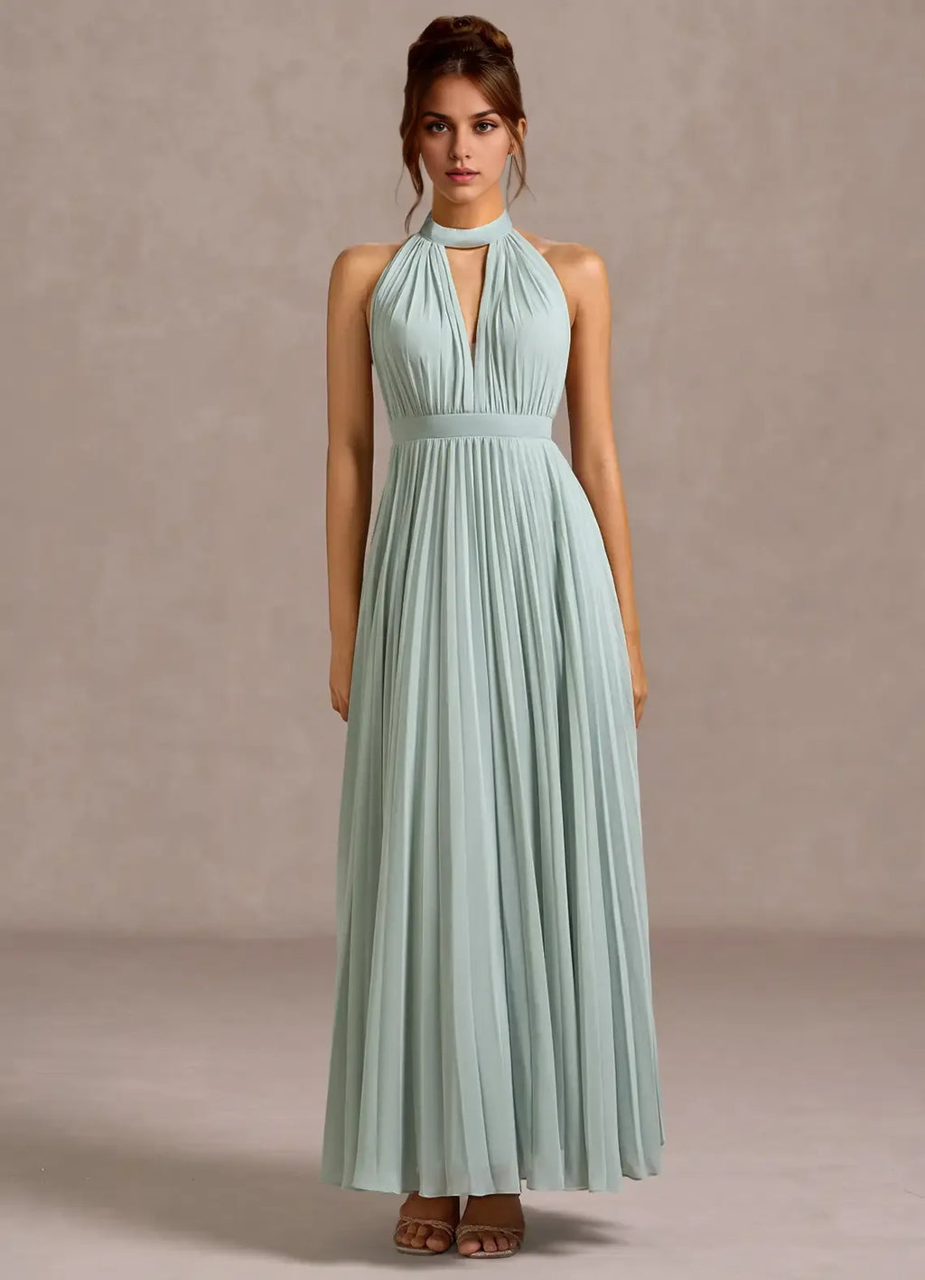 Refined Beautiful Timeless Elegant Sage Green A-Line Halter Sleeveless Floor-Length Evening Dress