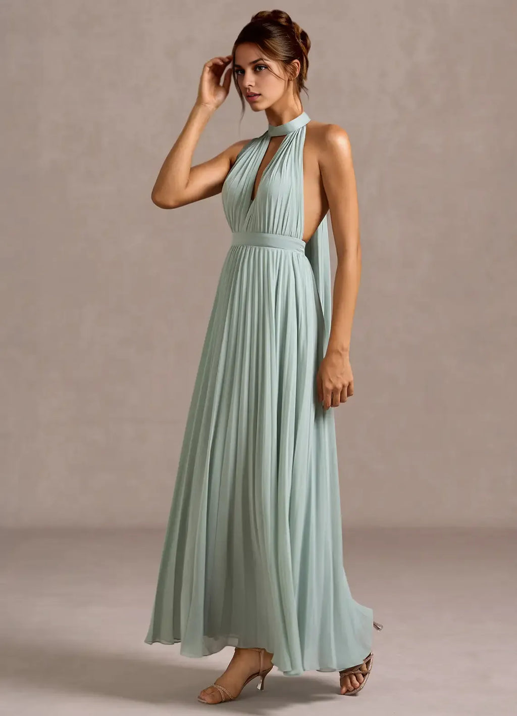 Refined Beautiful Timeless Elegant Sage Green A-Line Halter Sleeveless Floor-Length Evening Dress