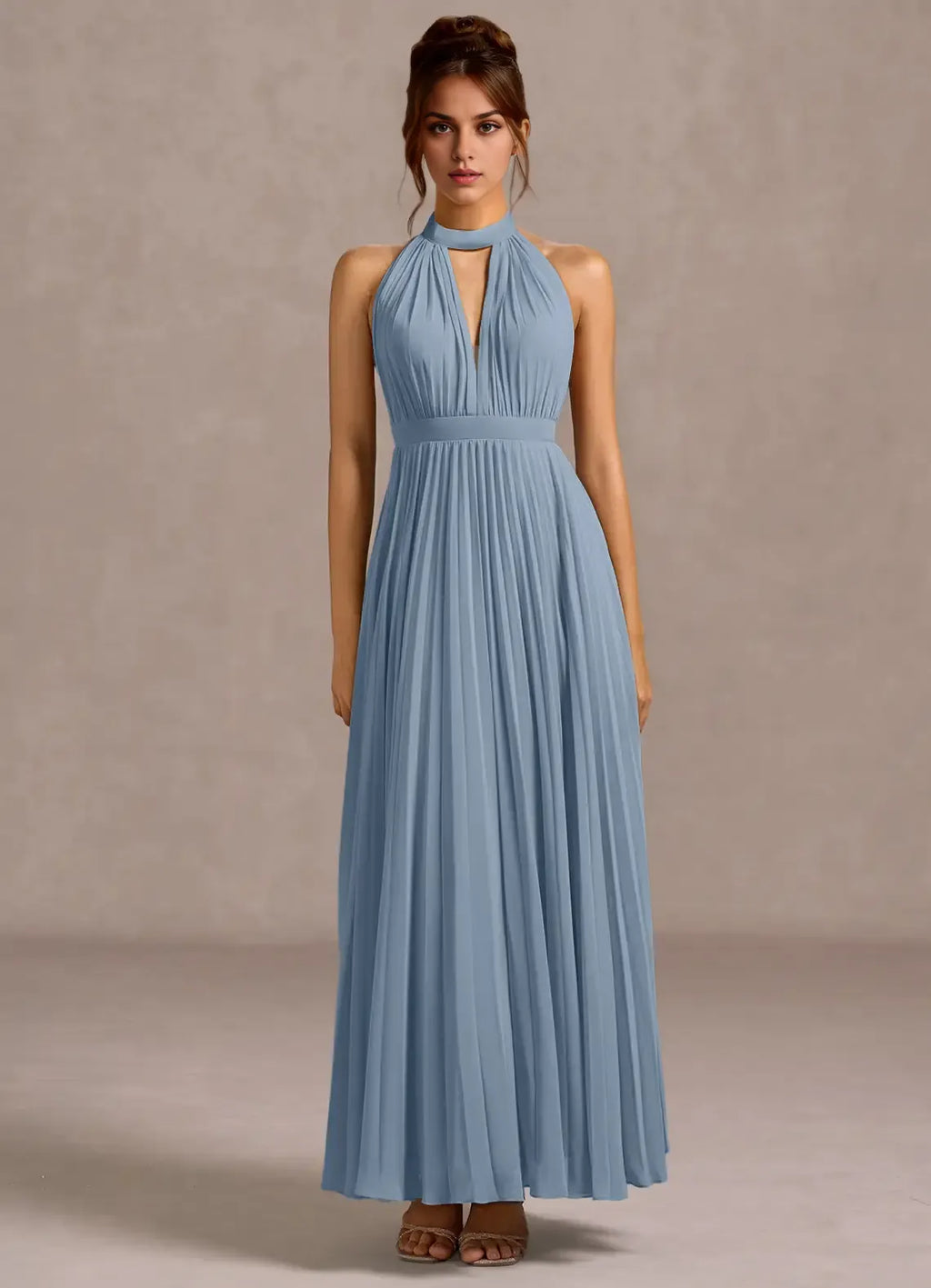 Refined Beautiful Timeless Elegant Sage Green A-Line Halter Sleeveless Floor-Length Evening Dress