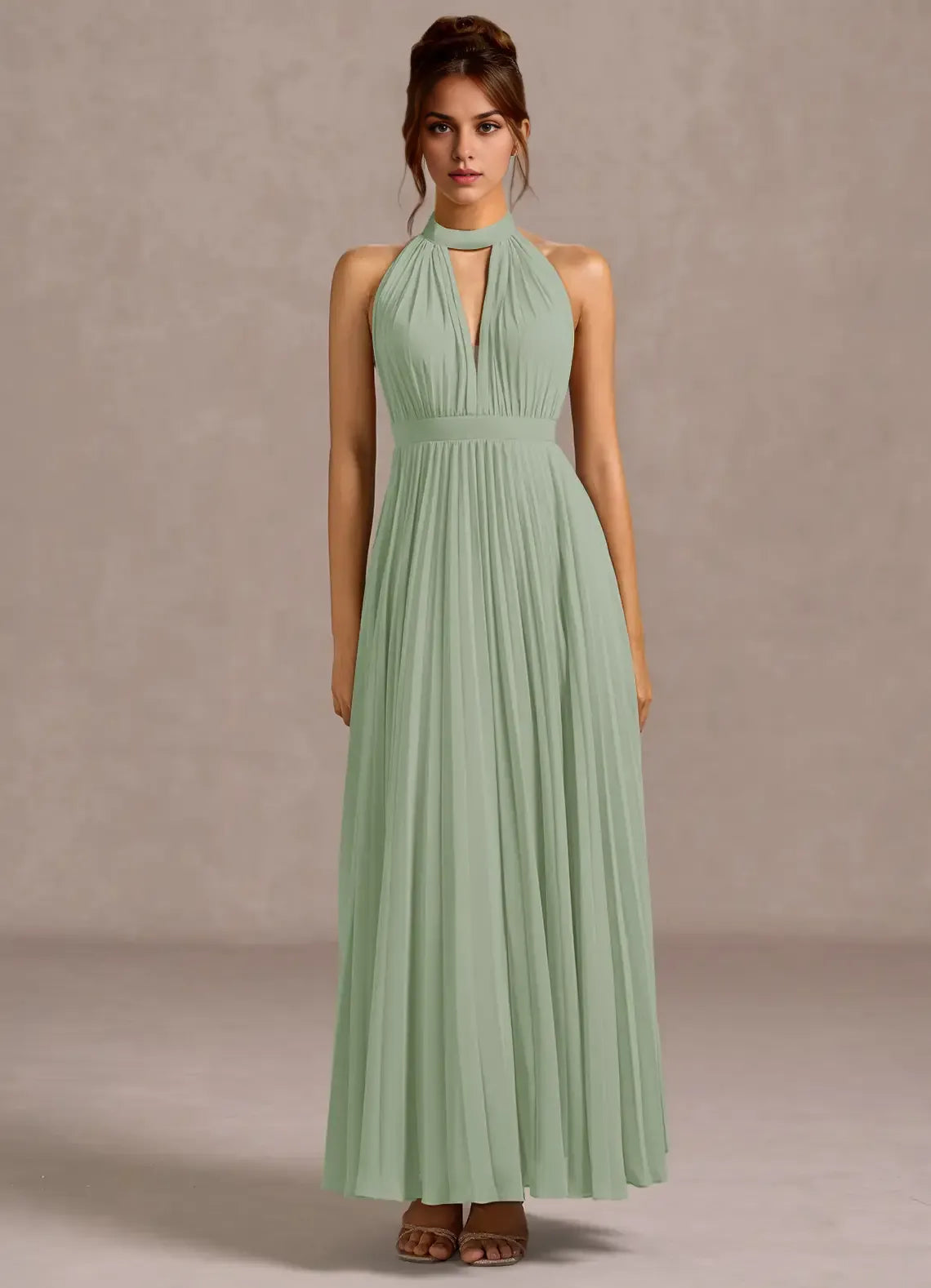 Refined Beautiful Timeless Elegant Sage Green A-Line Halter Sleeveless Floor-Length Evening Dress