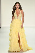 Charming A-Line Halter Neck Sleeveless Up Floor-Length Tiered Ruffle High Slit Prom Dresses