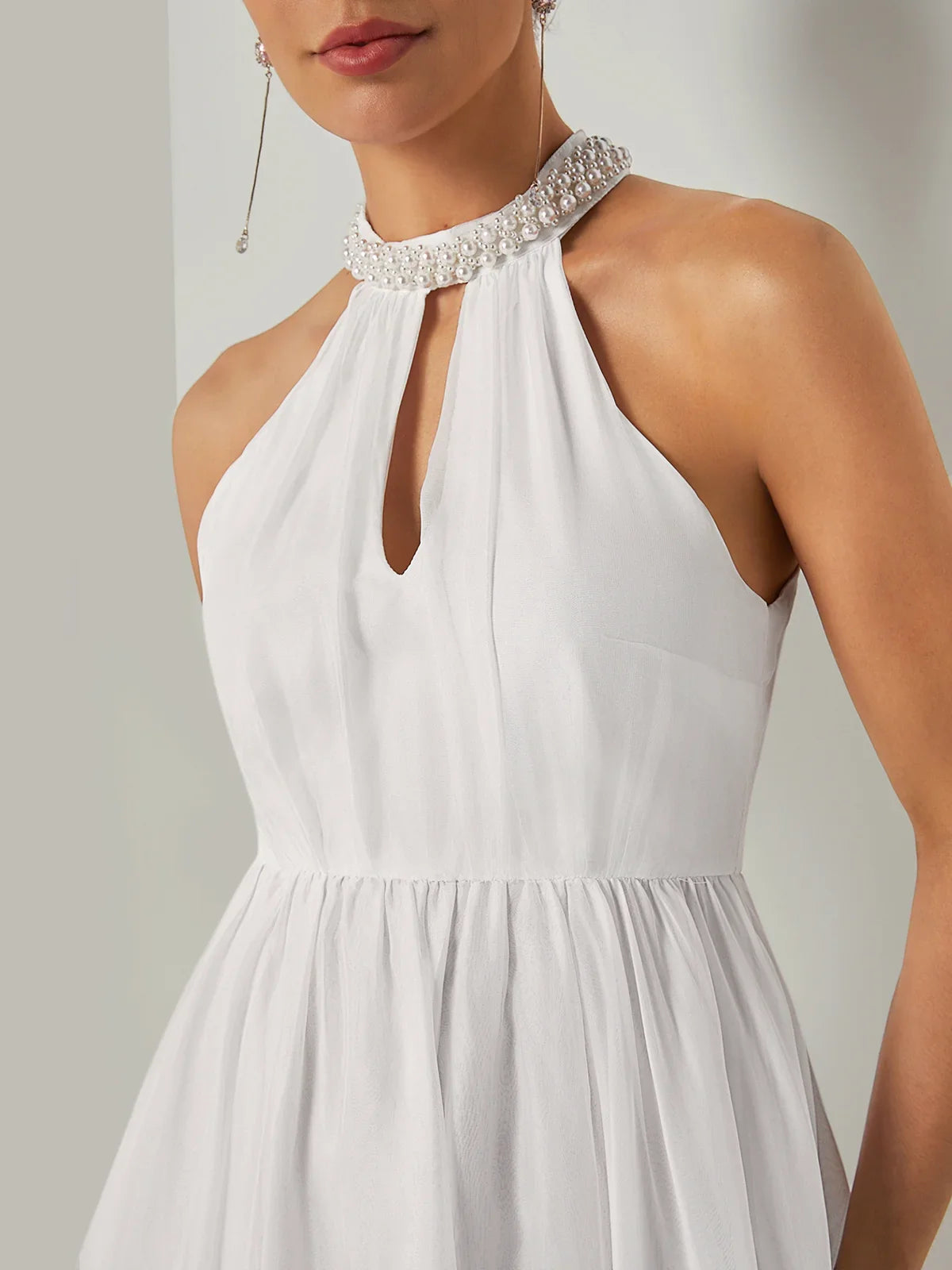 Timeless Special Occasion Elegant White Chiffon A-Line Halter Sleeveless Floor-Length Prom Dress