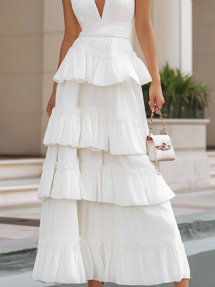 White Charming A-Line Halter Sleeveless Tiered Ruffle Maxi Prom Dresses
