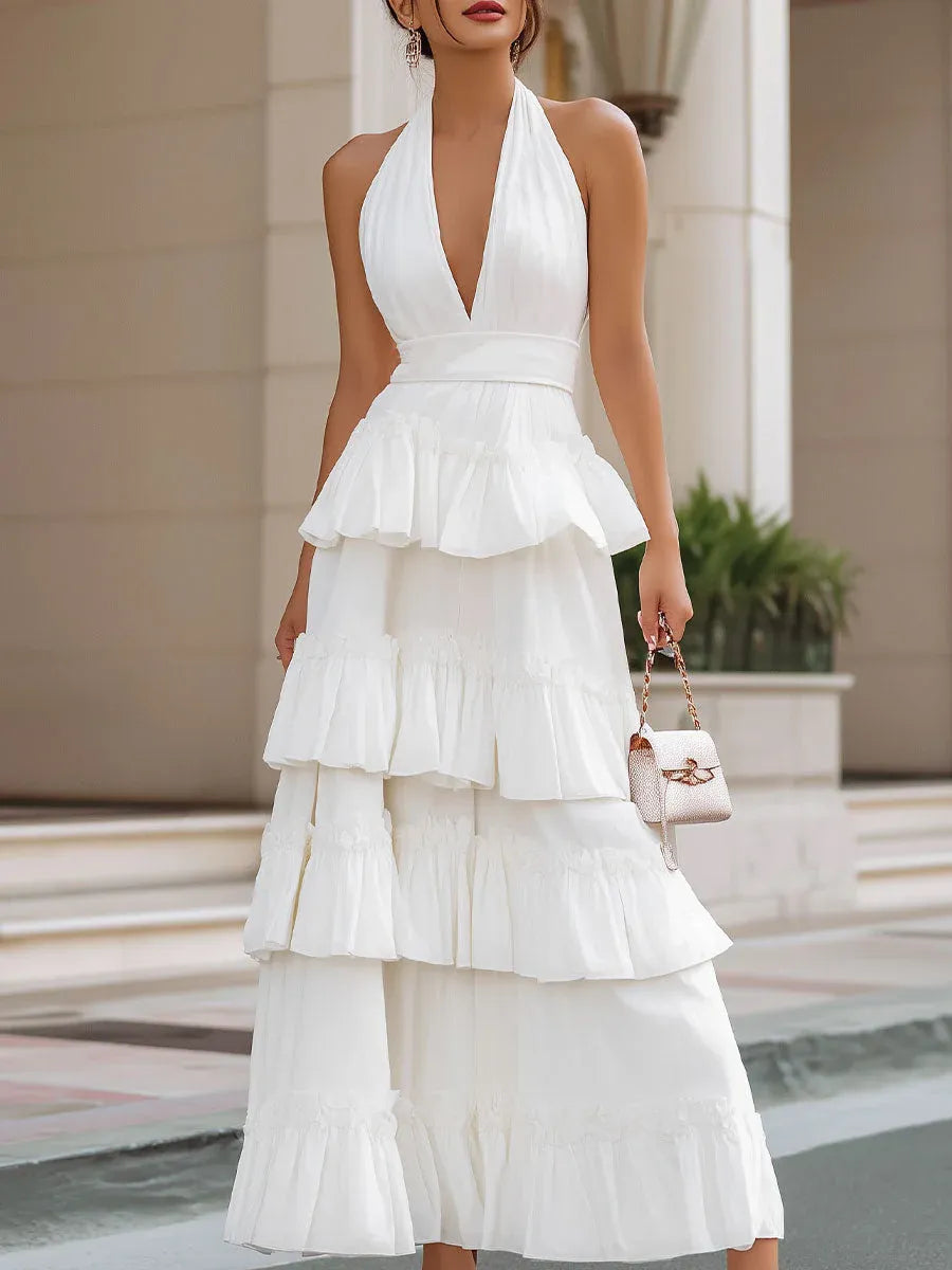 White Charming A-Line Halter Sleeveless Tiered Ruffle Maxi Prom Dresses
