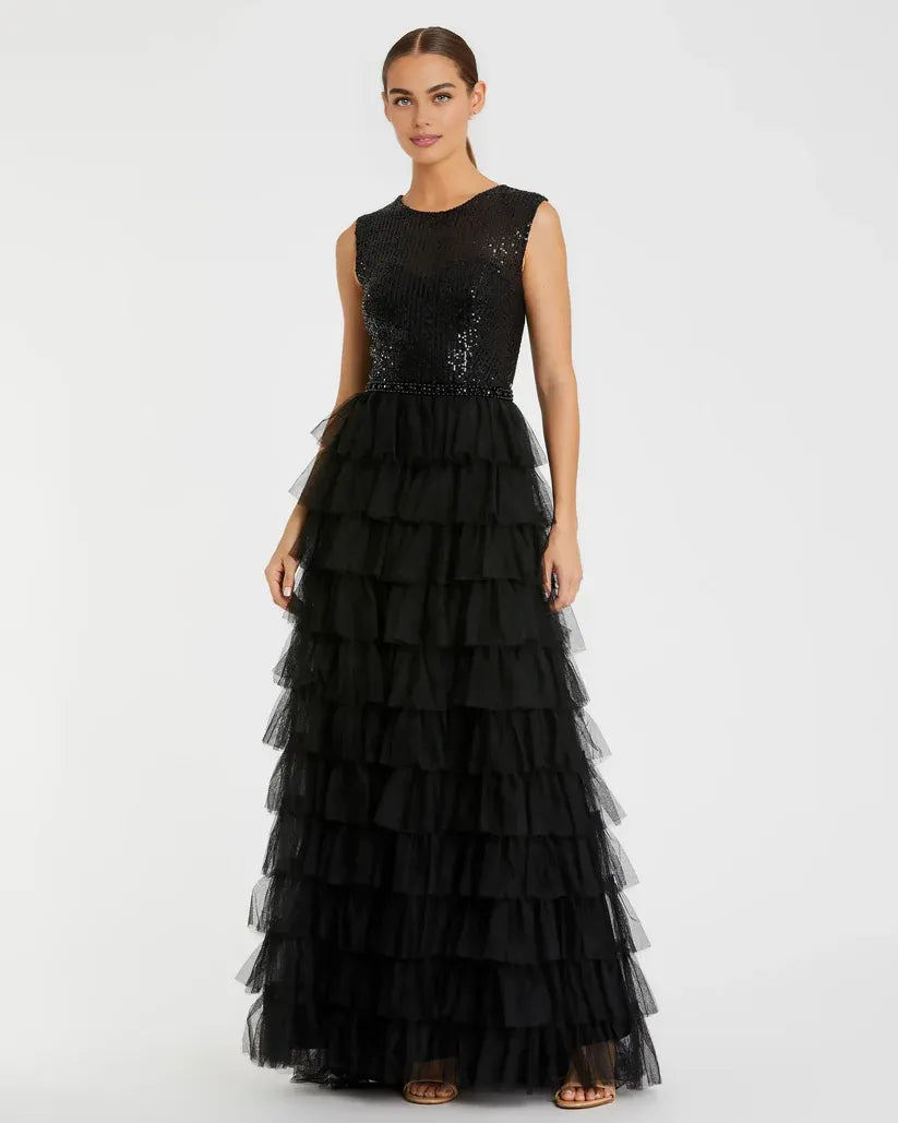 Special Occasion Sophisticated Elegant Black Tulle A-Line High Neck Sleeveless Floor-Length Prom Dress
