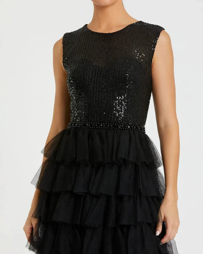 Special Occasion Sophisticated Elegant Black Tulle A-Line High Neck Sleeveless Floor-Length Prom Dress