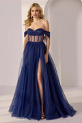Navy Charming A-Line Off-the-Shoulder Sleeveless Back Zip Floor-Length Glitter Slit Prom Dresses with Sheer Bodice