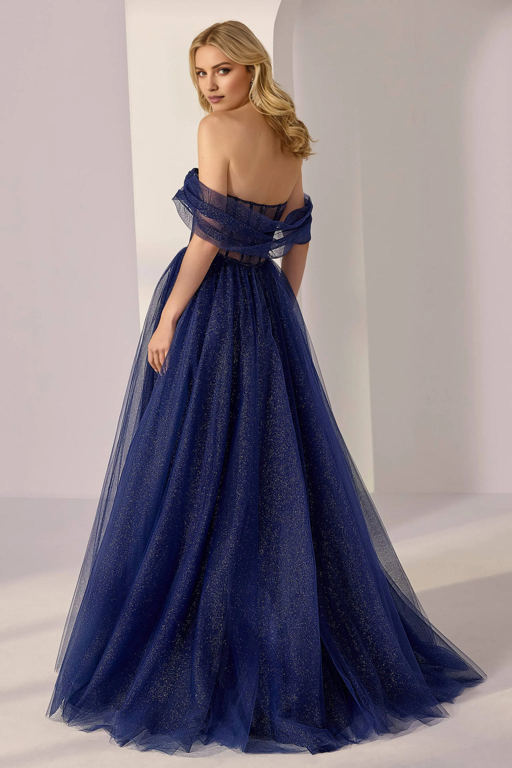 Navy Charming A-Line Off-the-Shoulder Sleeveless Back Zip Floor-Length Glitter Slit Prom Dresses with Sheer Bodice