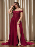 Charming A-Line Off-the-Shoulder Sleeveless Back Zip Slit Floor-Length Plus-Size Prom Dresses with Sequins