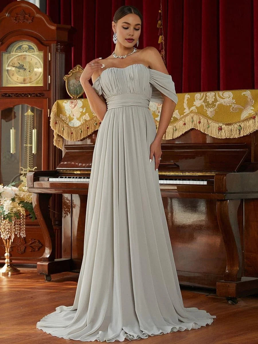 Graceful Stylish Refined Beautiful Timeless Chic Elegant Gray Chiffon A-Line Prom Dress