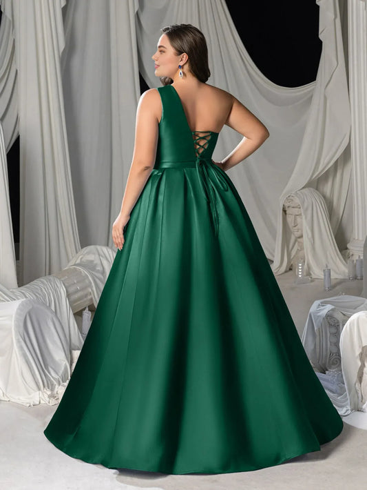 Beautiful Timeless Elegant Emerald Green Lace A-Line One-Shoulder Sleeveless Floor-Length Prom Dress