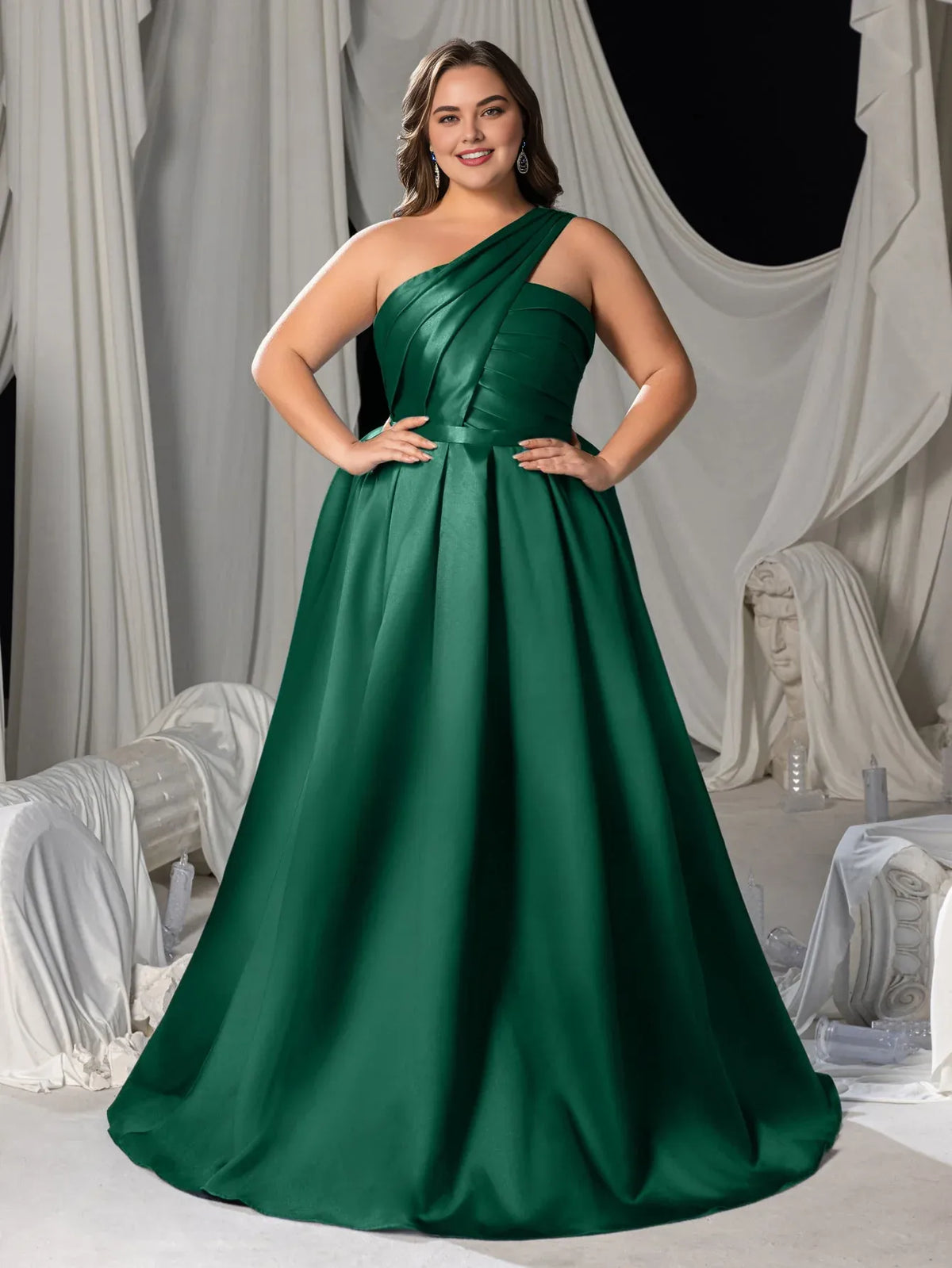 Beautiful Timeless Elegant Emerald Green Lace A-Line One-Shoulder Sleeveless Floor-Length Prom Dress