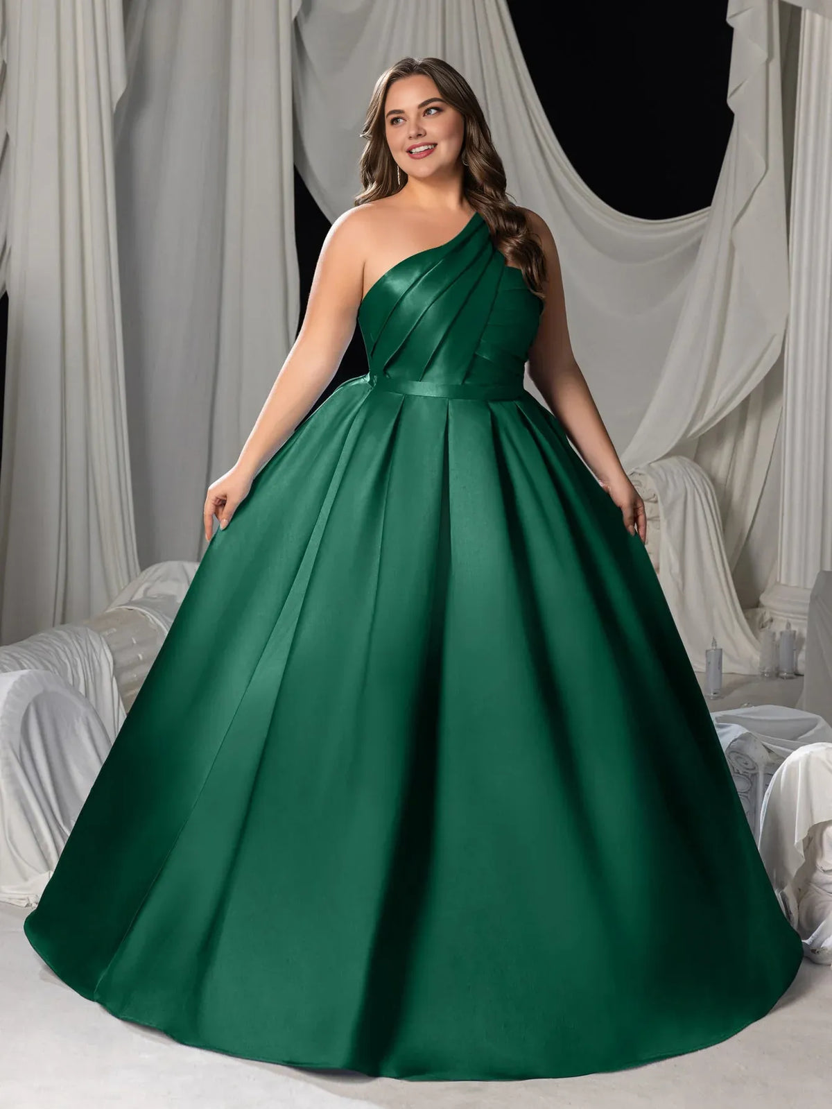 Beautiful Timeless Elegant Emerald Green Lace A-Line One-Shoulder Sleeveless Floor-Length Prom Dress