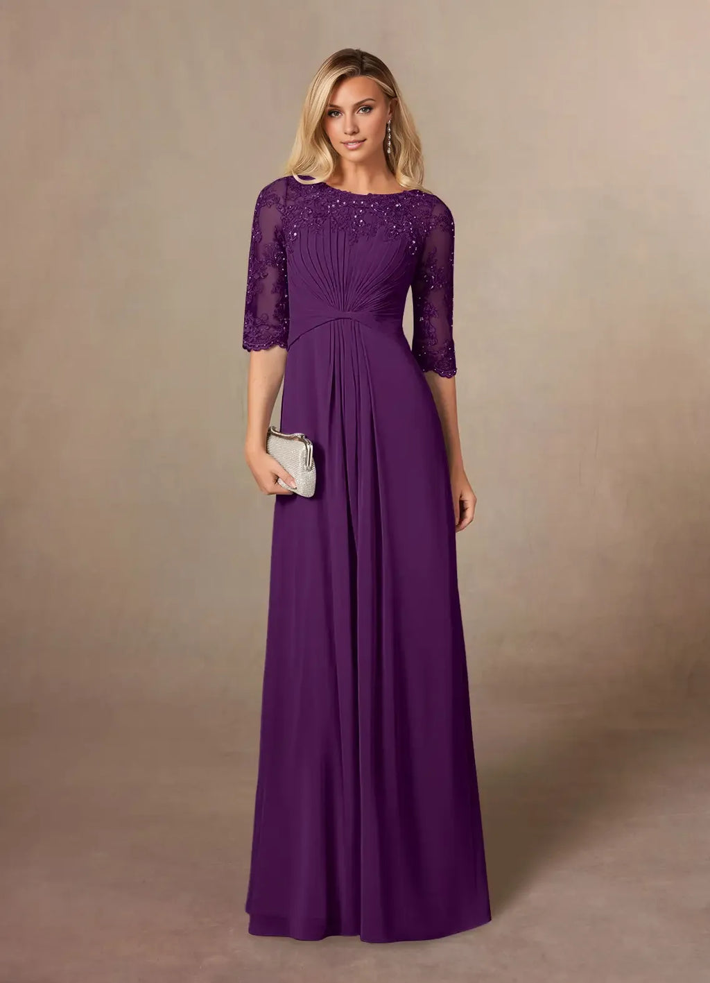 Elegant Chiffon A-Line Scoop Neck Short Sleeve Floor-Length Mother of the Bride Dress