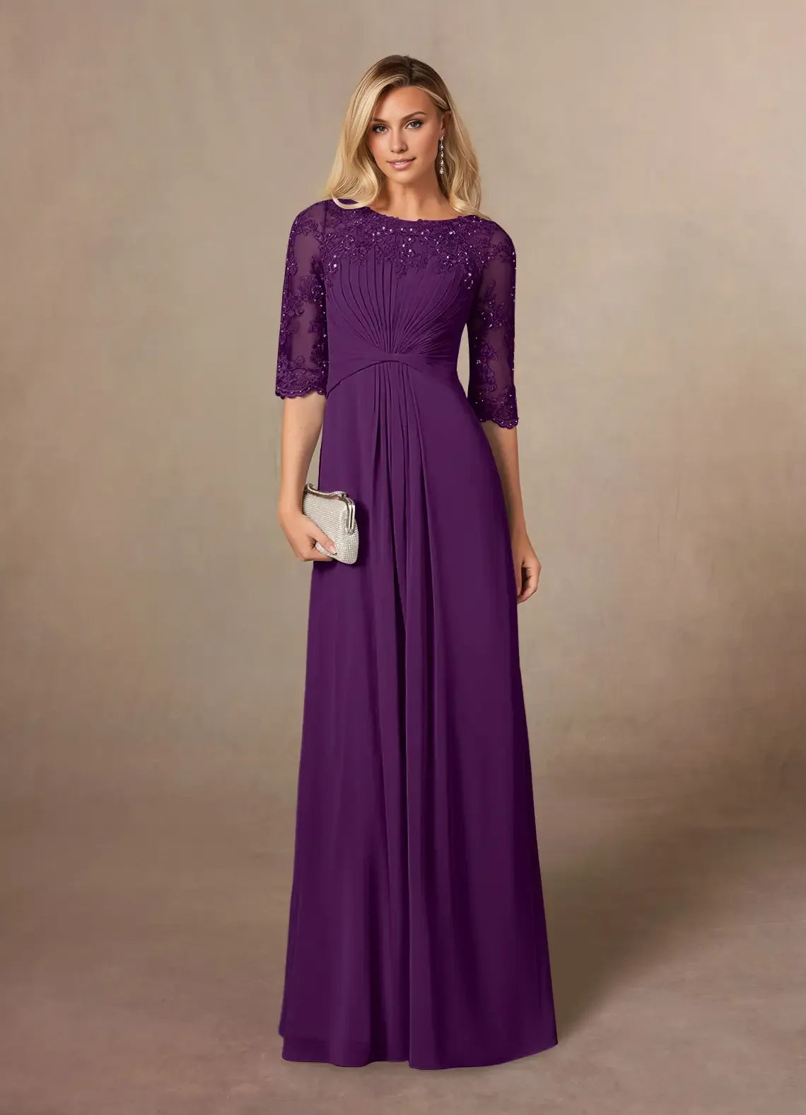 Elegant Chiffon A-Line Scoop Neck Short Sleeve Floor-Length Mother of the Bride Dress