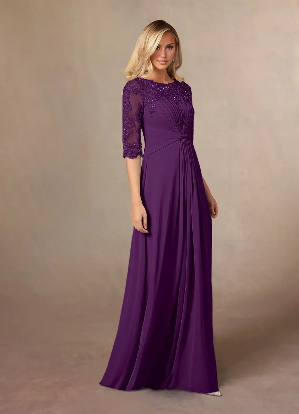 Elegant Chiffon A-Line Scoop Neck Short Sleeve Floor-Length Mother of the Bride Dress
