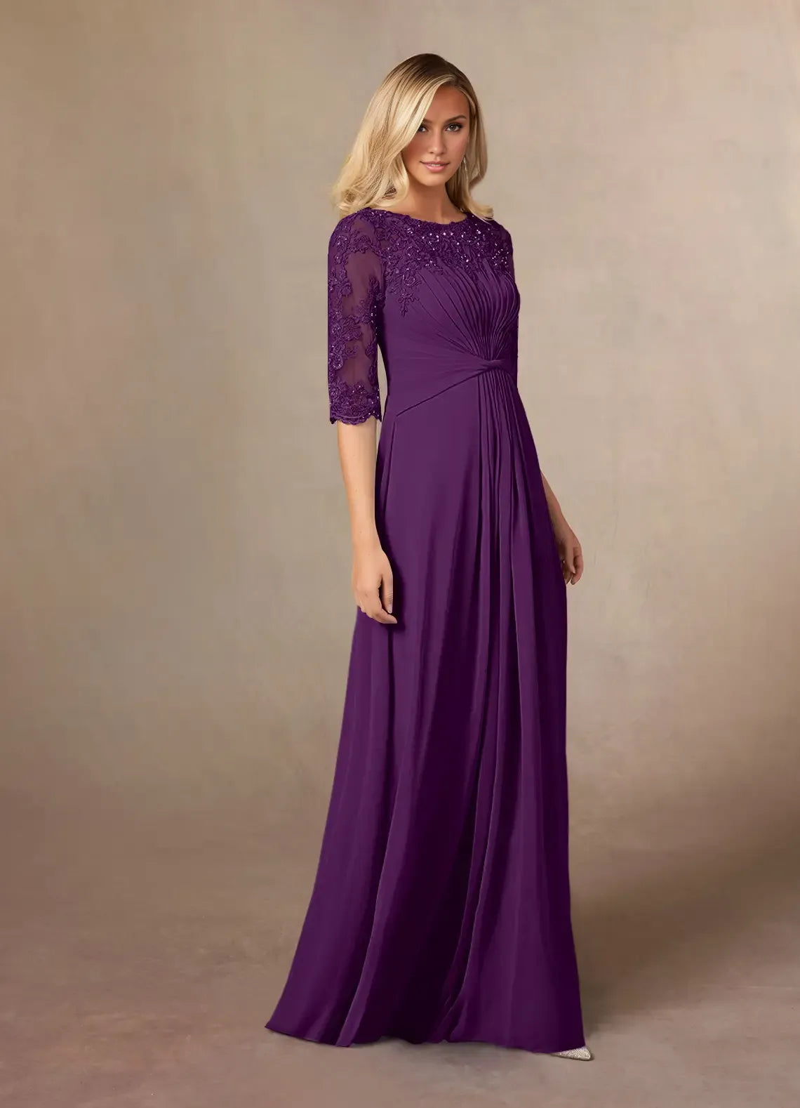 Elegant Chiffon A-Line Scoop Neck Short Sleeve Floor-Length Mother of the Bride Dress