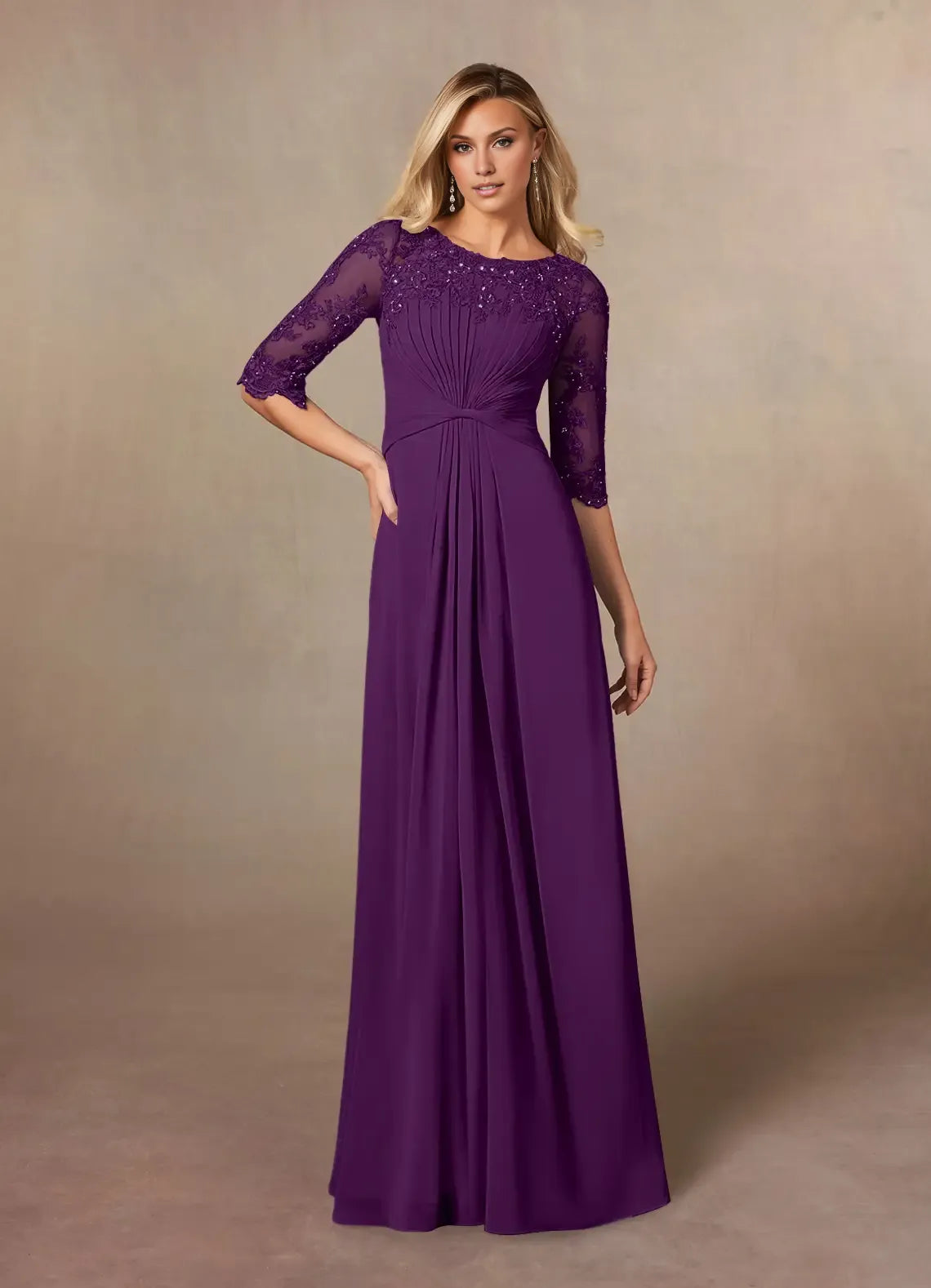 Elegant Chiffon A-Line Scoop Neck Short Sleeve Floor-Length Mother of the Bride Dress