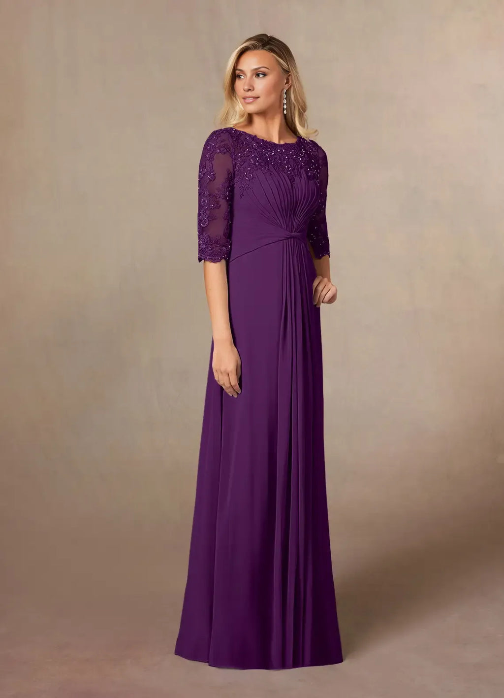 Elegant Chiffon A-Line Scoop Neck Short Sleeve Floor-Length Mother of the Bride Dress