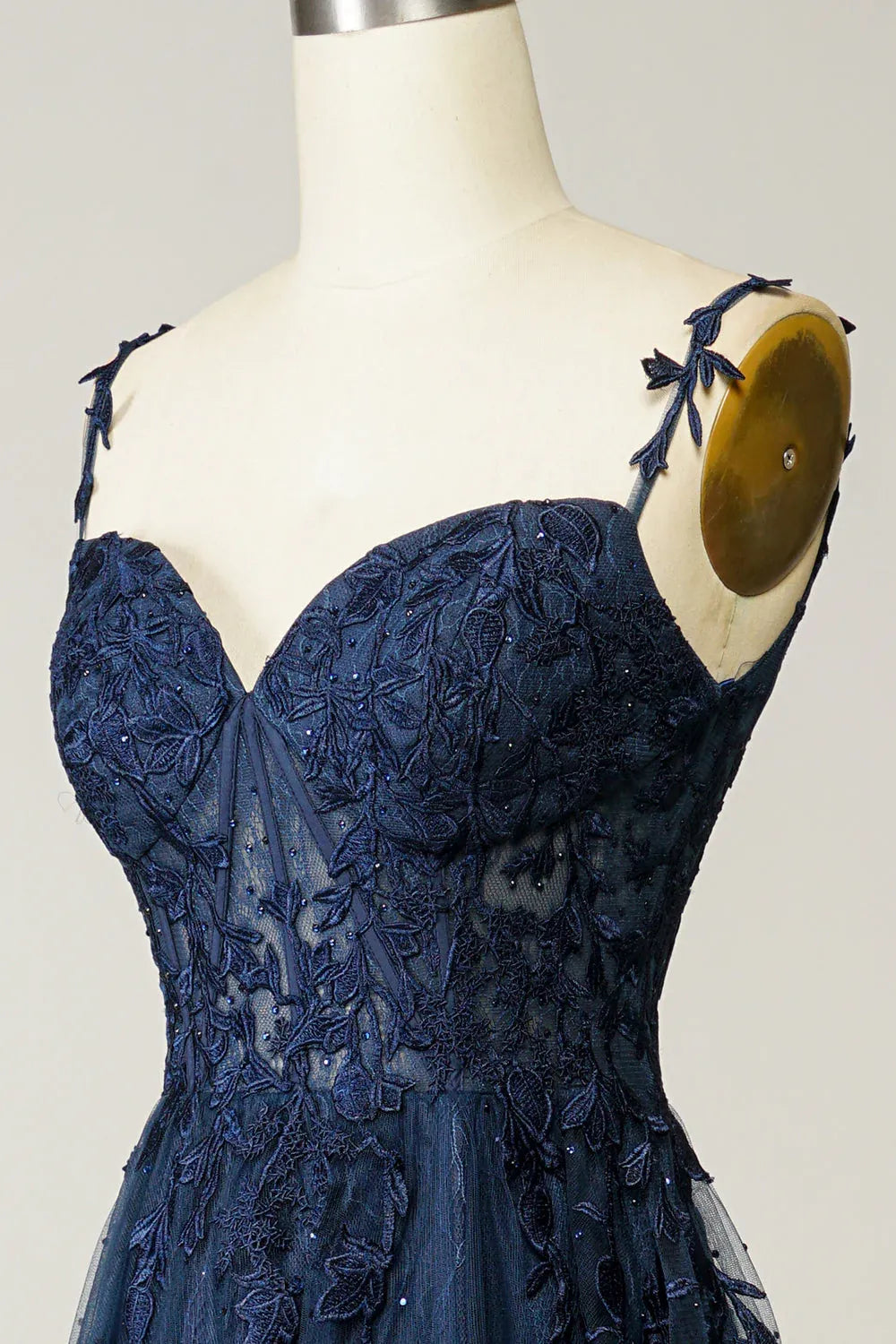 Navy Charming A-Line Spaghetti Strap Appliques Floor Length Prom Dress