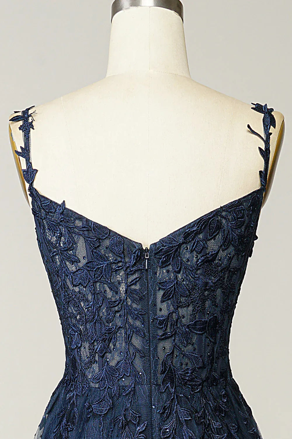 Navy Charming A-Line Spaghetti Strap Appliques Floor Length Prom Dress