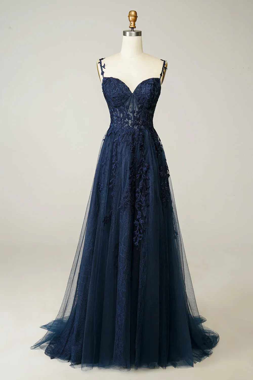 Navy Charming A-Line Spaghetti Strap Appliques Floor Length Prom Dress