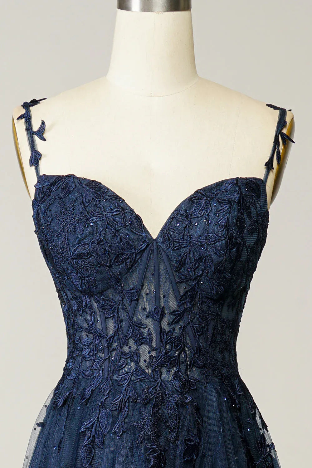 Navy Charming A-Line Spaghetti Strap Appliques Floor Length Prom Dress