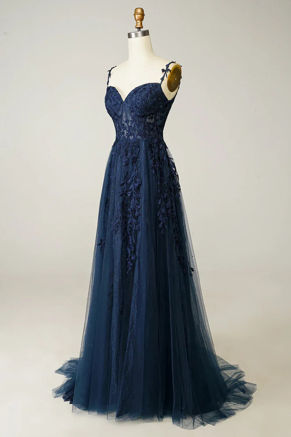 Navy Charming A-Line Spaghetti Strap Appliques Floor Length Prom Dress