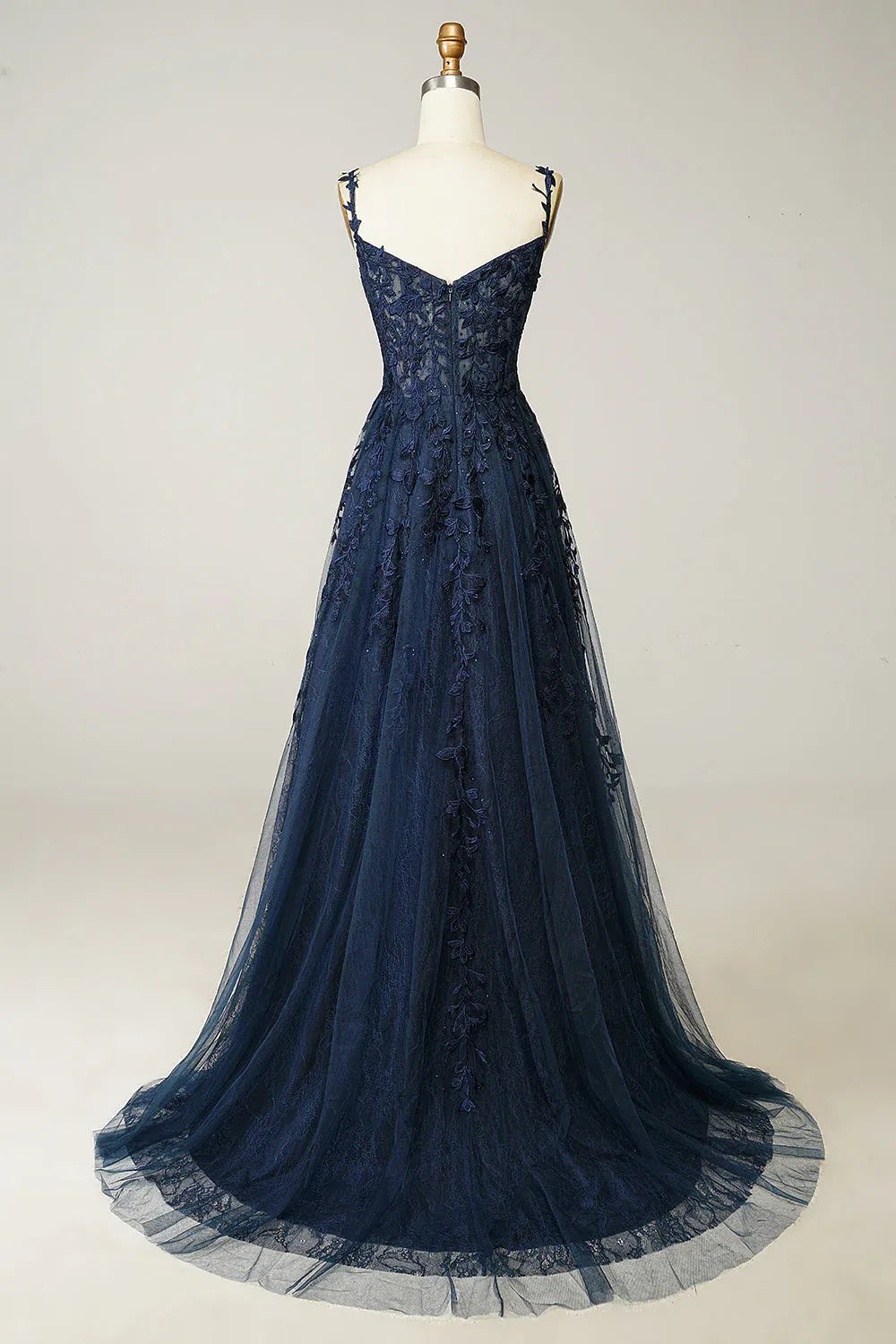 Navy Charming A-Line Spaghetti Strap Appliques Floor Length Prom Dress