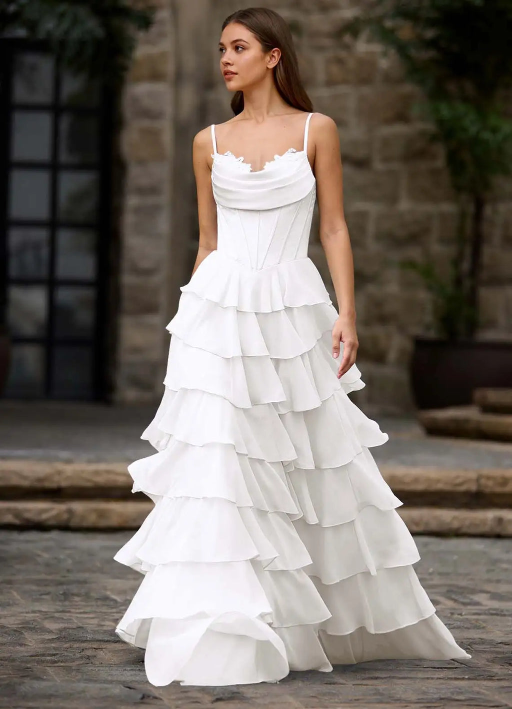 Charming A-Line Spaghetti Strap Sleeveless Layered Ruffle Back Zip Floor-Length Prom Dress with Slit