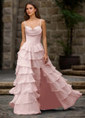 Charming A-Line Spaghetti Strap Sleeveless Layered Ruffle Back Zip Floor-Length Prom Dress with Slit