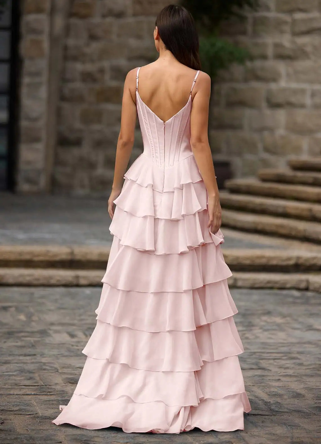 Charming A-Line Spaghetti Strap Sleeveless Layered Ruffle Back Zip Floor-Length Prom Dress with Slit