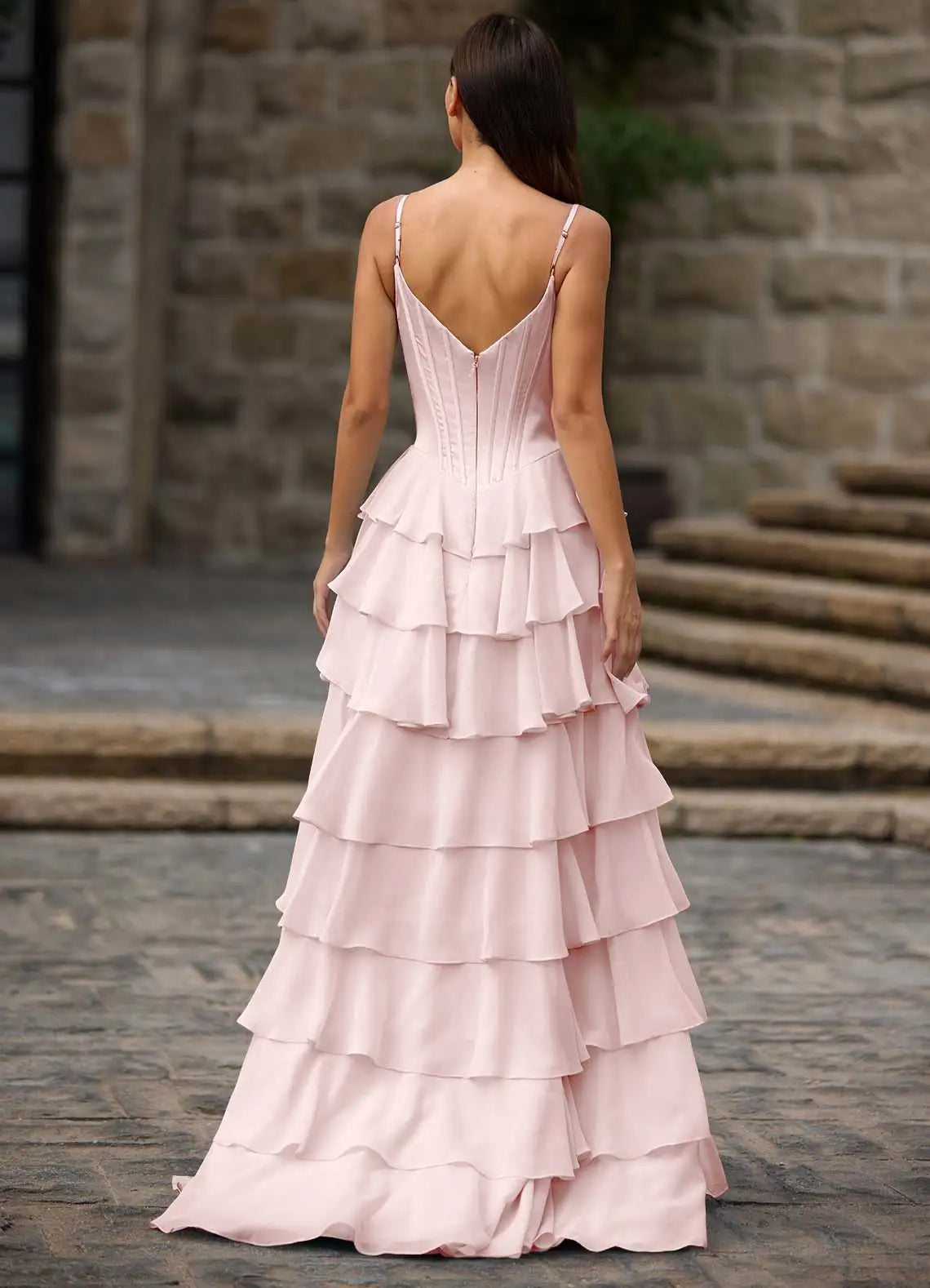 Charming A-Line Spaghetti Strap Sleeveless Layered Ruffle Back Zip Floor-Length Prom Dress with Slit